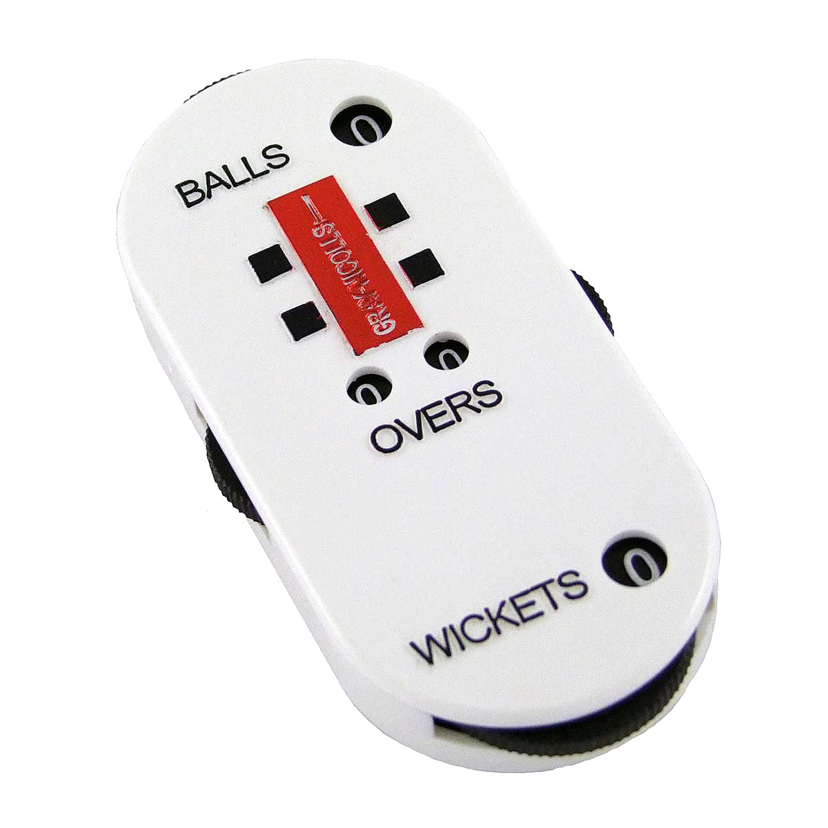 The Gray Nicolls Umpires Counter is a white handheld device featuring black dials for BALLS, OVERS, and WICKETS, plus a red center label. Ideal for cricket umpires to easily track scores and match stats.