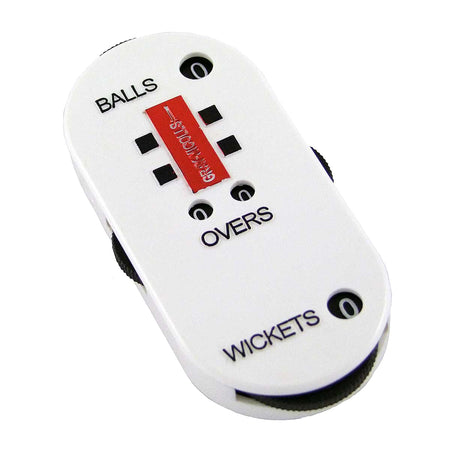 The Gray Nicolls Umpires Counter is a white handheld device featuring black dials for BALLS, OVERS, and WICKETS, plus a red center label. Ideal for cricket umpires to easily track scores and match stats.