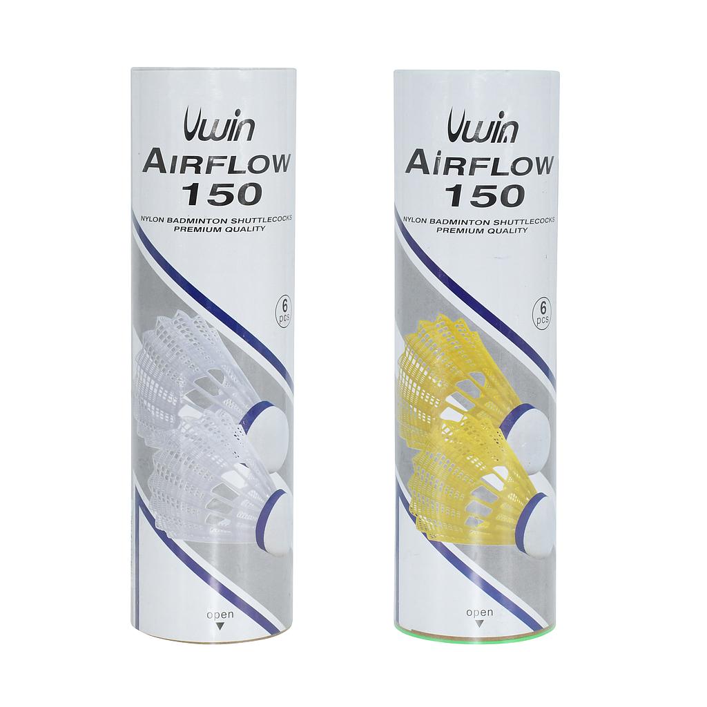 Two tubes of Uwin Airflow 150 Badminton Shuttlecocks (6 each) by Uwin: one tube with white shuttlecocks and one with yellow.