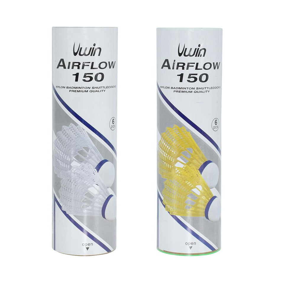 Two tubes of Uwin Airflow 150 Badminton Shuttlecocks (6 each) by Uwin: one tube with white shuttlecocks and one with yellow.