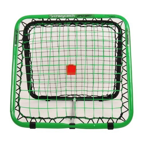 The Crazy Catch Upstart Classic by Crazy Catch is a square rebound net with a green frame, black strings, and a small red target in the center—ideal for cricket training to enhance hand-eye coordination and reaction skills.
