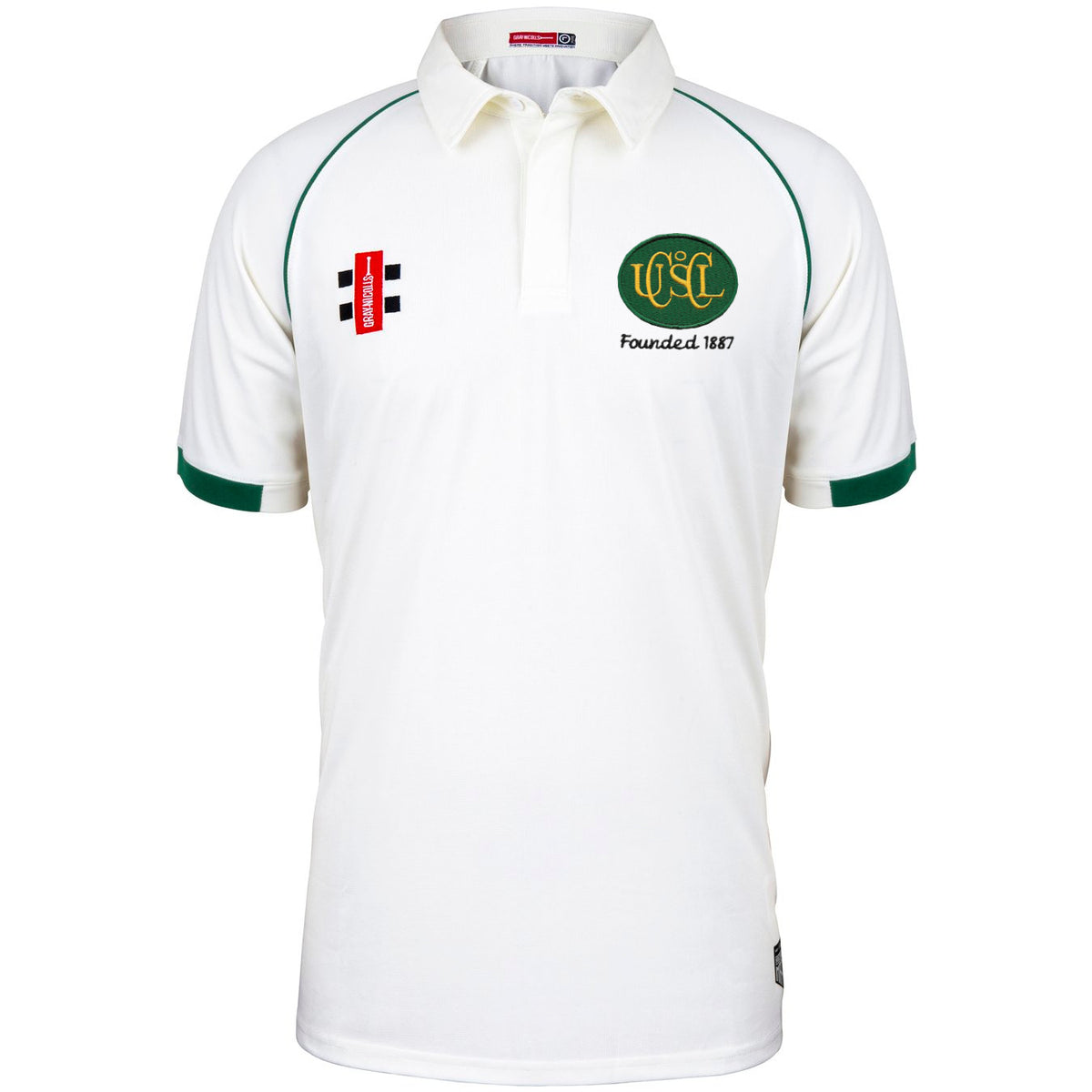 The Upton St Leonards CC Matrix V2 Short Sleeve Match Shirt by Martin Berrill Sports is white with green trim on the collar and sleeves, featuring a red and black logo on the left chest and a green/gold club crest with "Founded 1867" on the right.