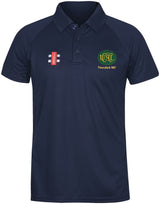 The Gray Nicolls Upton St Leonards CC Matrix V2 Senior Polo Shirt features moisture management, a red/white logo on the right chest, and a green/yellow "USC Founded 1857" club emblem on the left chest.