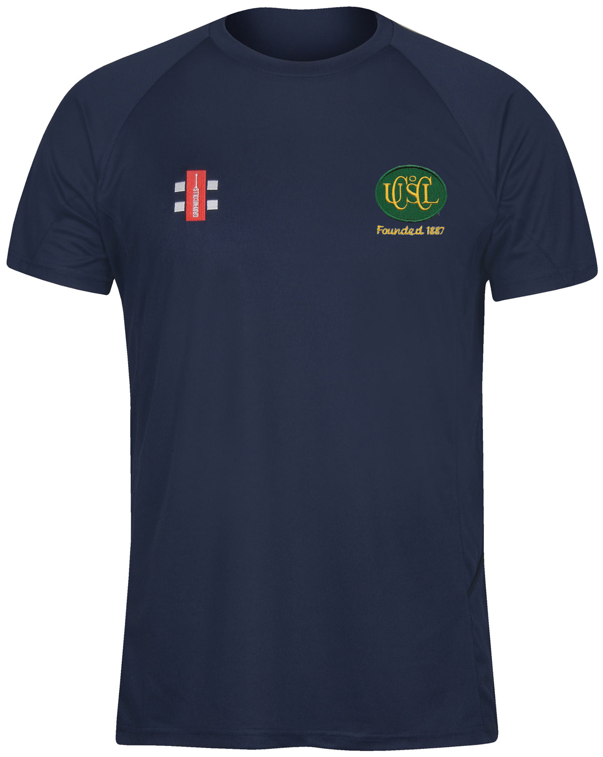The Upton St Leonards CC Matrix V2 Junior T Shirt by Gray Nicolls is navy blue with moisture-wicking fabric, a yellow and green club logo and “Founded 1887” on the left chest, plus a red and white emblem on the right.