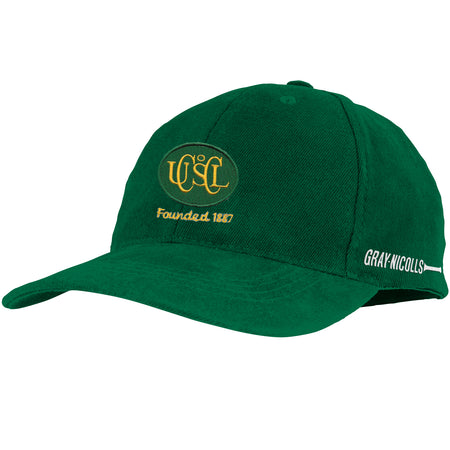 The Upton St Leonards CC Green Pro Fit Cap by Gray Nicolls features a yellow club logo and "Founded 1857" on the front, with the brand name in white on the side—ideal as a stylish cricket cap for any team.