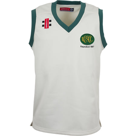 The Gray Nicolls Upton St Leonards CC Senior Pro Performance Slipover is sleeveless, white with green trim, features an embroidered green/yellow oval club logo and "Founded 1887" on the left chest, plus two red/black patches on the right chest.