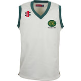 The Gray Nicolls Upton St Leonards CC Junior Pro Performance Slipover is a sleeveless white cricket vest with green trim, sport-specific fabric, a green and yellow club crest left chest, red label right shoulder, and black-and-white logo above.