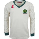 The Gray Nicolls Upton St Leonards CC Junior Pro Performance Sweater is a cream, long-sleeved cricket sweater with green trim, WSL Founded 1867 logo on the left chest, and a red-and-black patch on the right shoulder.
