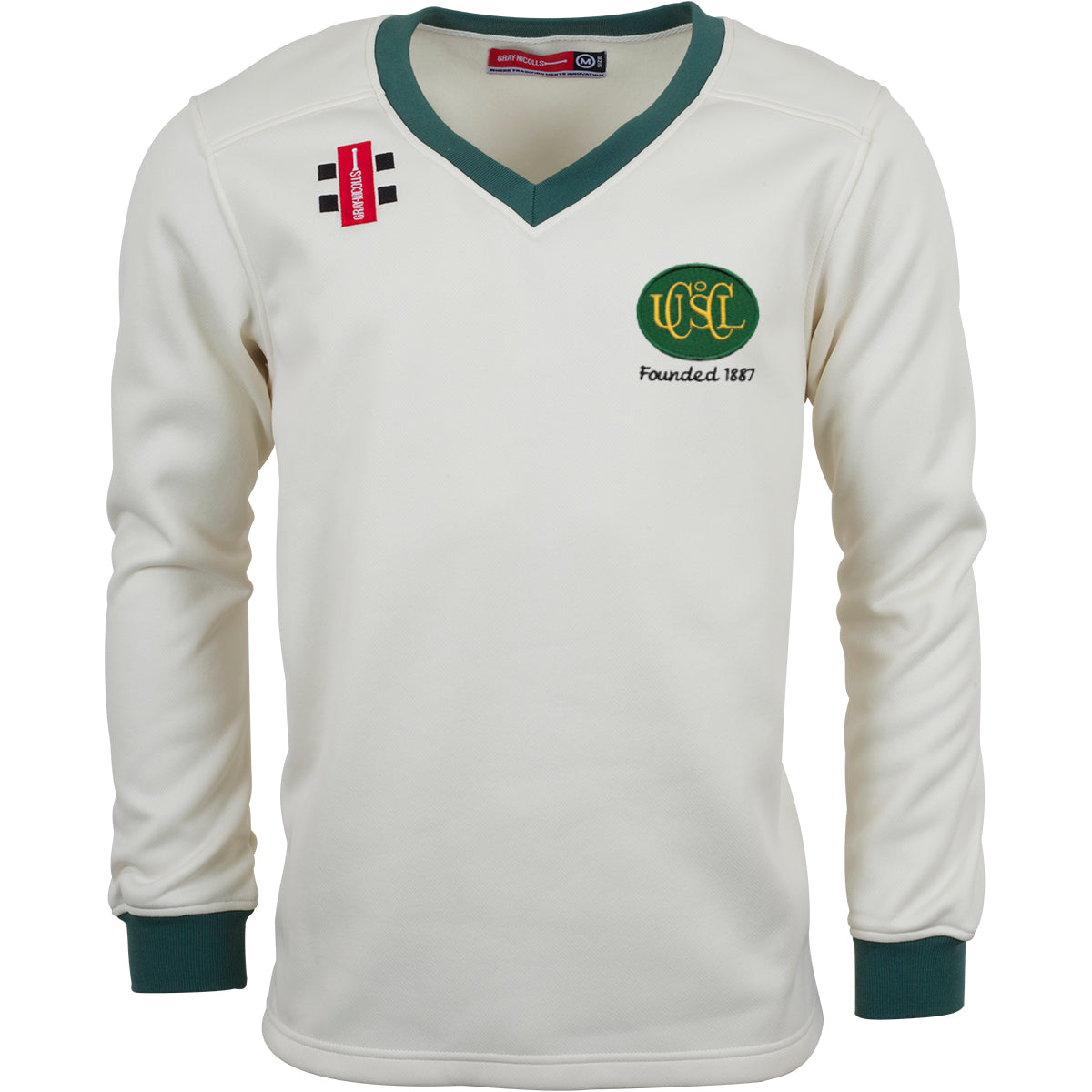 The Gray Nicolls Upton St Leonards CC Junior Pro Performance Sweater is a cream, long-sleeved cricket sweater with green trim, WSL Founded 1867 logo on the left chest, and a red-and-black patch on the right shoulder.