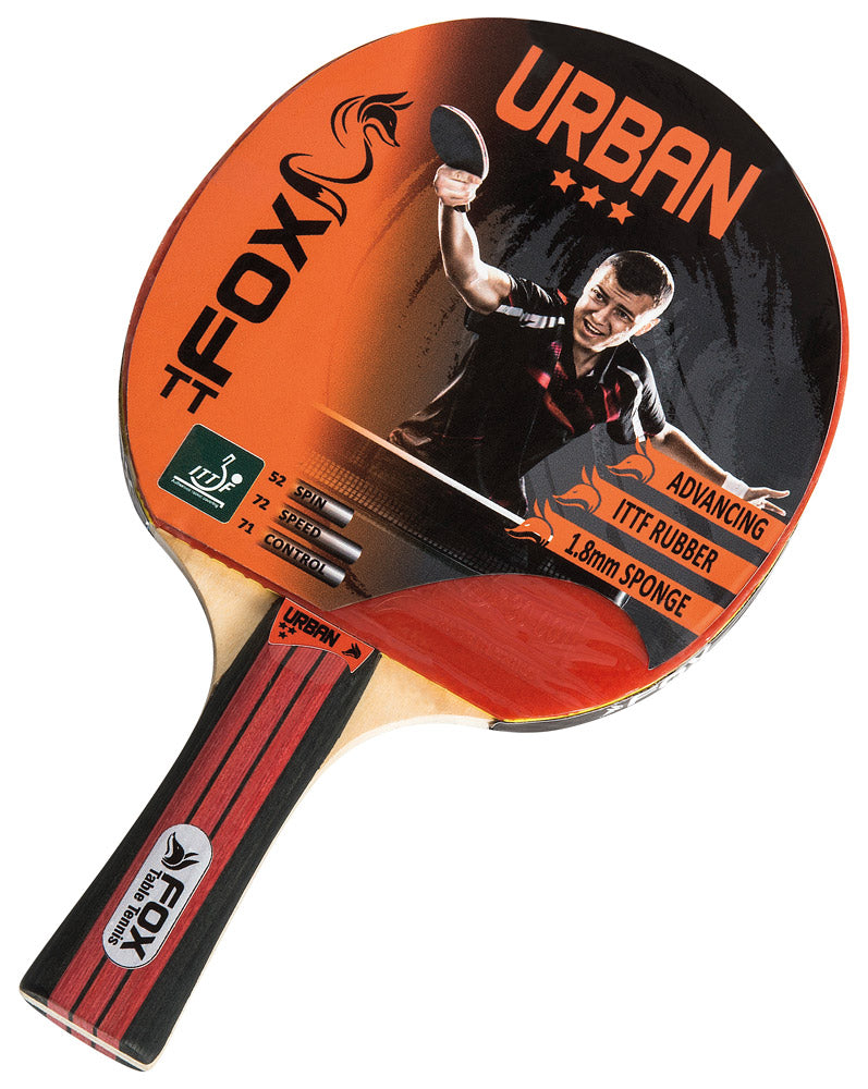 The FoxTT Urban 3 Star Table Tennis Bat features an orange and black design, player graphic, flared handle, 1.8mm sponge, ITTF rubber, and ratings for speed, spin, and control—ideal for versatile play.
