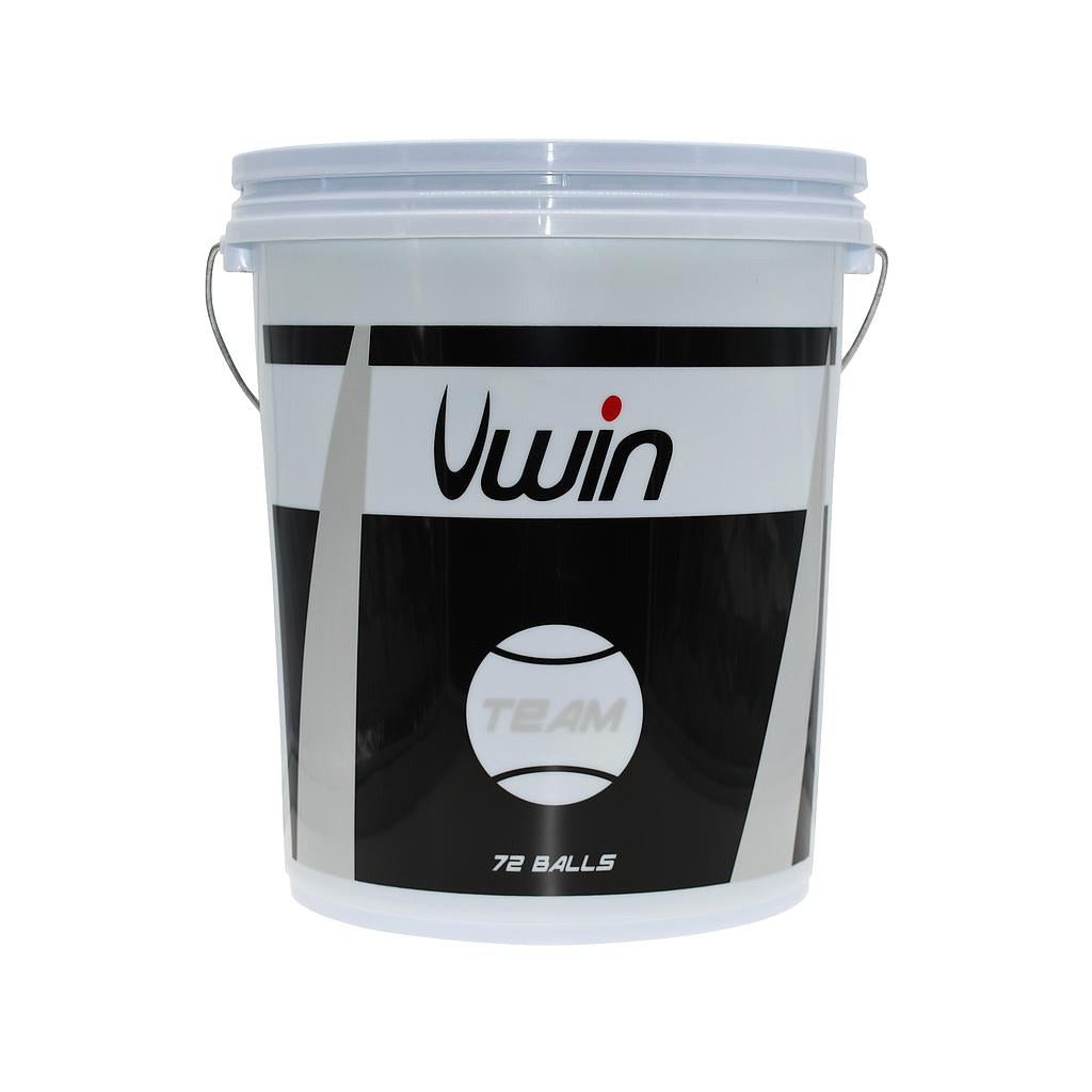 The Uwin Team Tennis Balls - Bucket of 72 balls features a large white plastic bucket with a metal handle, branded "Uwin" and "TEAM" in black and grey; it contains 72 pressureless training balls, ideal for tennis academies.