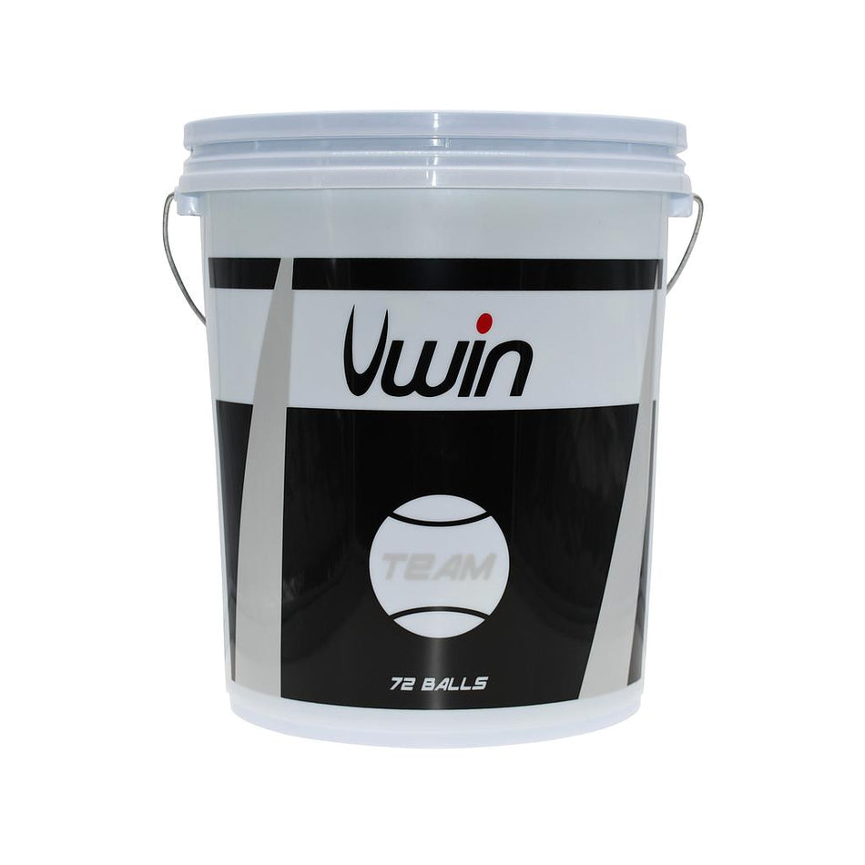 The Uwin Team Tennis Balls - Bucket of 72 balls features a large white plastic bucket with a metal handle, branded "Uwin" and "TEAM" in black and grey; it contains 72 pressureless training balls, ideal for tennis academies.