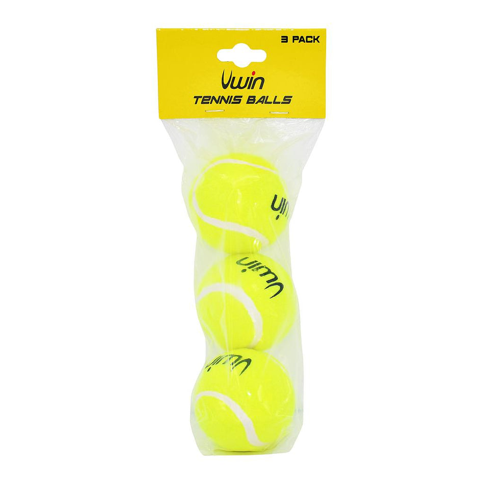 A clear plastic bag with a yellow header card labeled "Uwin Trainer Tennis Balls" contains 3 bright yellow balls from Uwin. This 3-pack is ideal for recreational play.