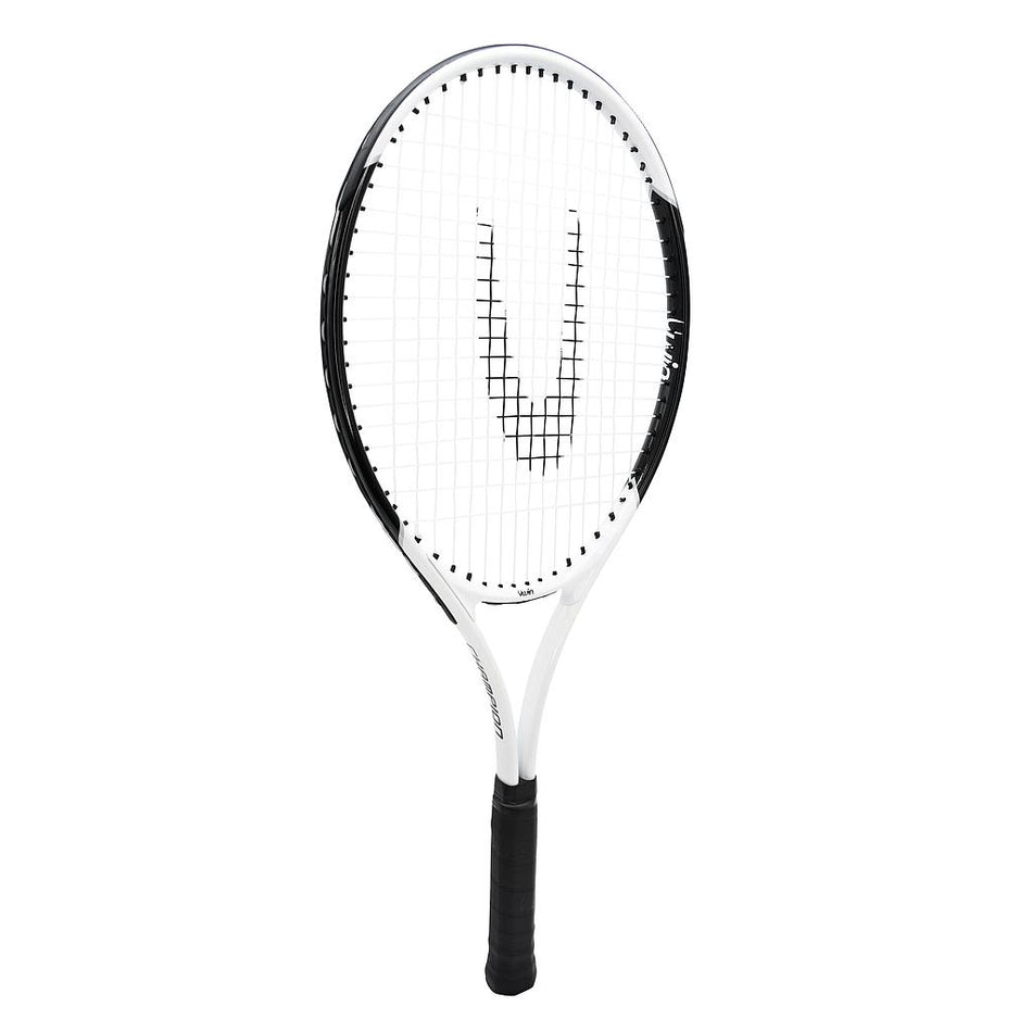 The Uwin Champion Tennis Racket by Uwin is a lightweight aluminium starter racket in white and black, featuring a black grip and U-shaped strings, displayed upright against a plain white background.