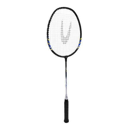 The Uwin Phantom Badminton Racket by Uwin features a black head, white strings, blue and yellow accents, and a durable Alloy Steel Frame. The handle has black grip tape and is displayed on a plain white background—ideal for beginners.