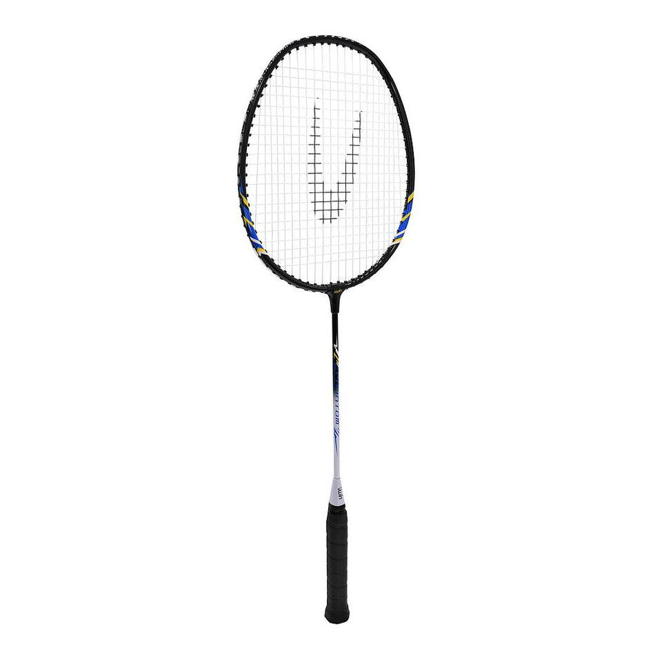 The Uwin Phantom Badminton Racket by Uwin features a black head, white strings, blue and yellow accents, and a durable Alloy Steel Frame. The handle has black grip tape and is displayed on a plain white background—ideal for beginners.