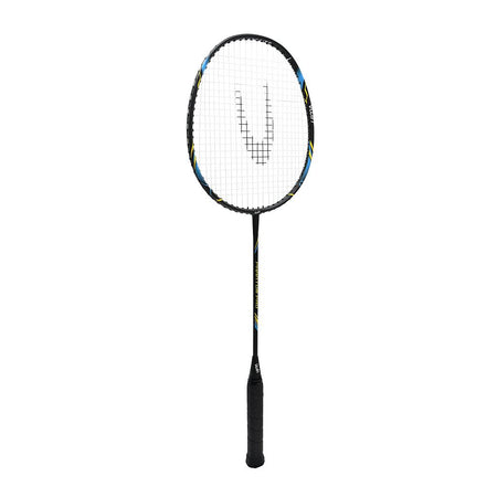 The Uwin Phantom PRO Badminton Racket, featuring a black frame with blue and yellow accents, white strings, and a black grip, is shown against a white background—perfect for intermediate players.