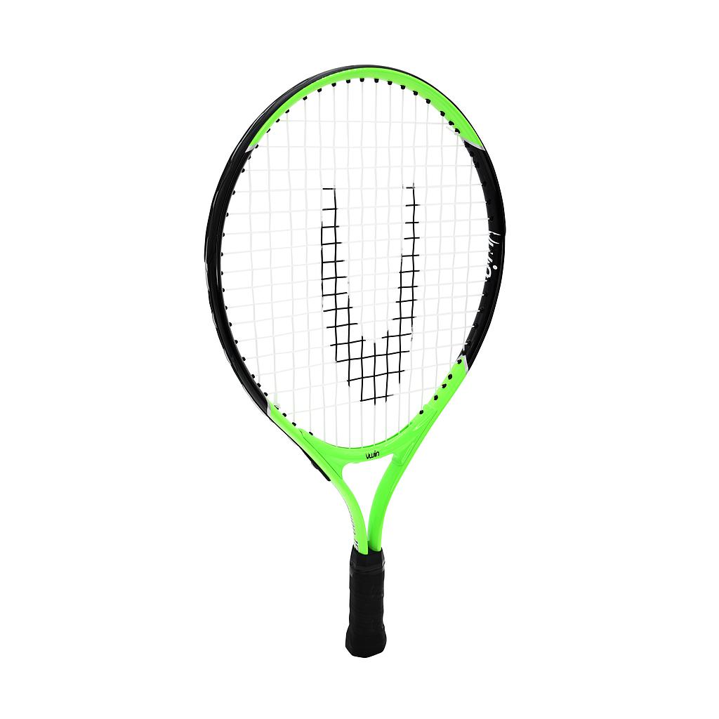 The Uwin Champion Junior Tennis Racket by Uwin features a lightweight black and bright green aluminium frame, a black handle, and white strings, shown on a plain white background.