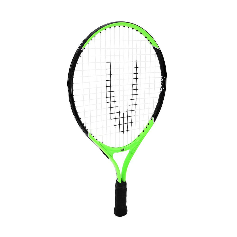 The Uwin Champion Junior Tennis Racket by Uwin features a lightweight black and bright green aluminium frame, a black handle, and white strings, shown on a plain white background.