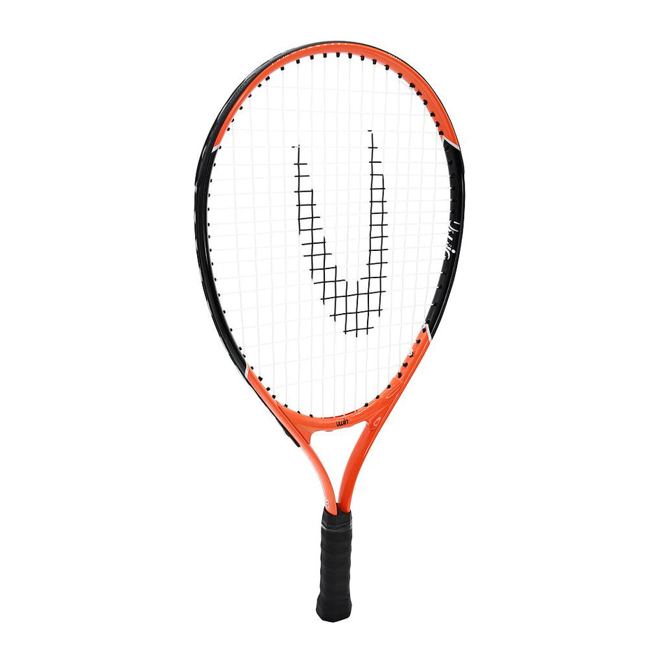The Uwin Champion Junior Tennis Racket by Uwin, featuring a black and orange design with white strings and a large V pattern, made from lightweight aluminium, stands upright against a white background.