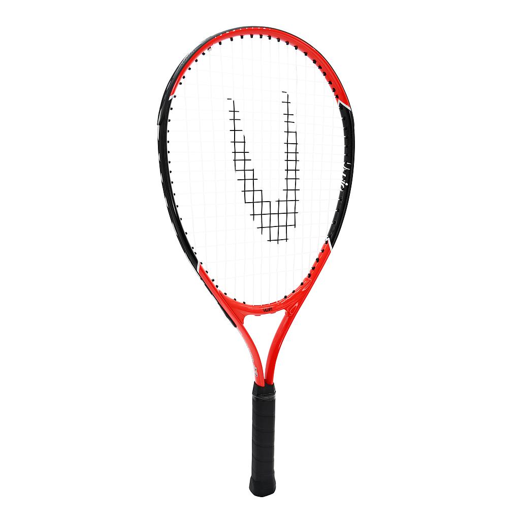 The Uwin Champion Junior Tennis Racket by Uwin, featuring red and black colors with a black grip and lightweight aluminium frame, is displayed upright against a plain white background.