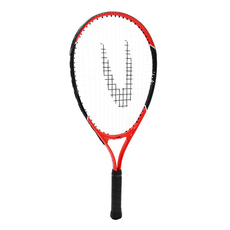 The Uwin Champion Junior Tennis Racket by Uwin, featuring red and black colors with a black grip and lightweight aluminium frame, is displayed upright against a plain white background.