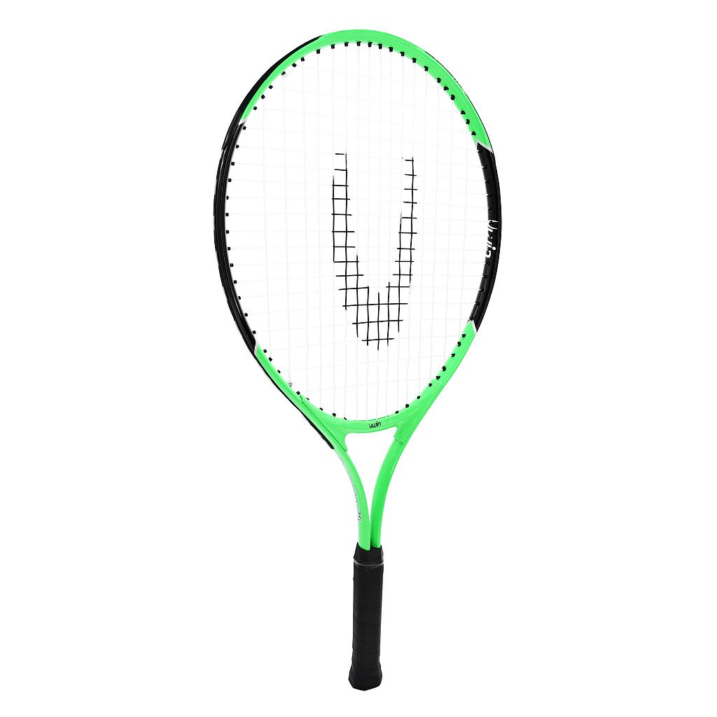 The Uwin Champion Junior Tennis Racket by Uwin features a green and black frame, a black grip, and lightweight aluminium construction, displayed upright on a white background.