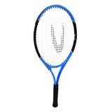 The Uwin Champion Junior Tennis Racket by Uwin, featuring a blue and black lightweight aluminium frame, black grip, and white strings, is displayed vertically against a white background.