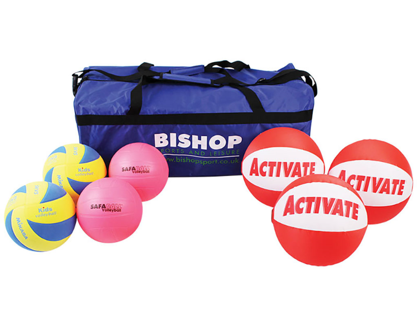 The Mastersport Volleyball Development Kit includes a blue sports bag and seven volleyballs—two yellow/blue, two pink, and three red/white ACTIVATE balls—making it ideal volleyball equipment for skill development.