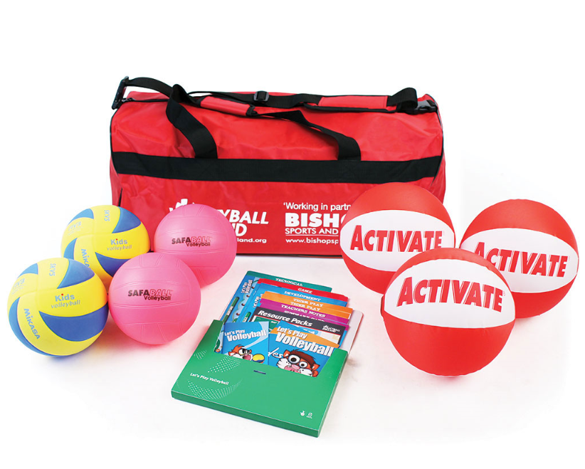 The Mastersport Volleyball Development Kit includes a red bag, four ACTIVATE red and white balls, two yellow and blue volleyballs, two pink balls, and activity books displayed in front.