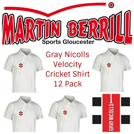 Graphic featuring Martin Berrill Sports Gloucester and four Gray Nicolls Velocity cricket shirts. Text: Gray Nicolls Velocity Cricket Shirt 12 Pack with Logo and the Gray Nicolls brand logo displayed.