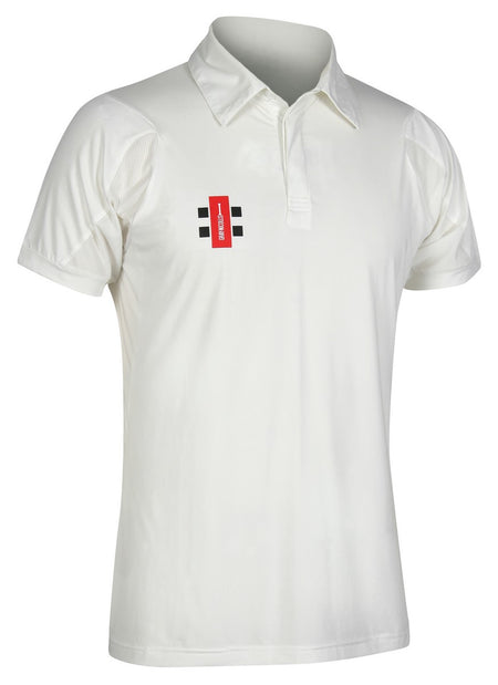The Gray Nicolls Velocity Cricket Shirt 12 Pack features white short-sleeved polos with collar, button placket, moisture-wicking fabric, and a red and black logo on the left chest. Inspired by classic Gray Nicolls Velocity shirts.