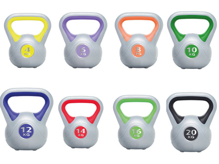 Eight Urban Fitness Vinyl Kettlebells, each labeled 4–20kg and featuring different colored handles, are ideal for improving core stability and developing functional strength.