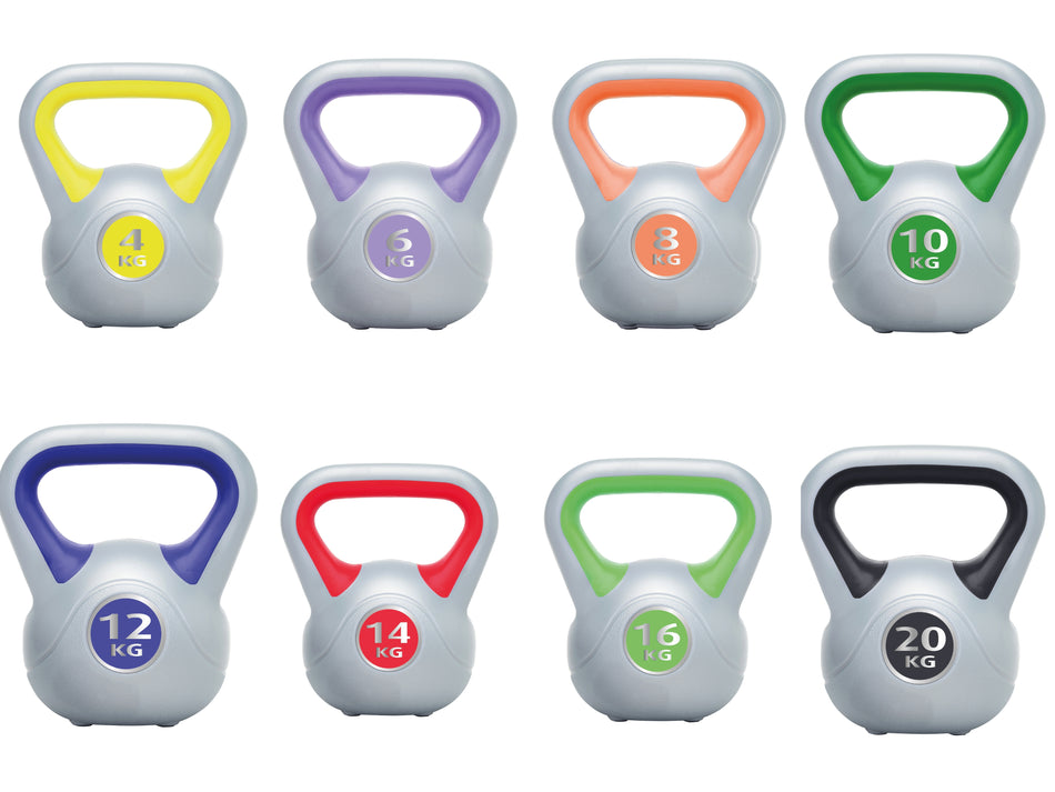 Eight Urban Fitness Vinyl Kettlebells, each labeled 4–20kg and featuring different colored handles, are ideal for improving core stability and developing functional strength.