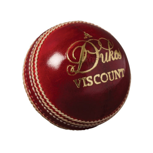 The Dukes Viscount Cricket Ball (Senior) is a shiny red English leather ball, featuring prominent white stitching and gold-stamped branding from Dukes.