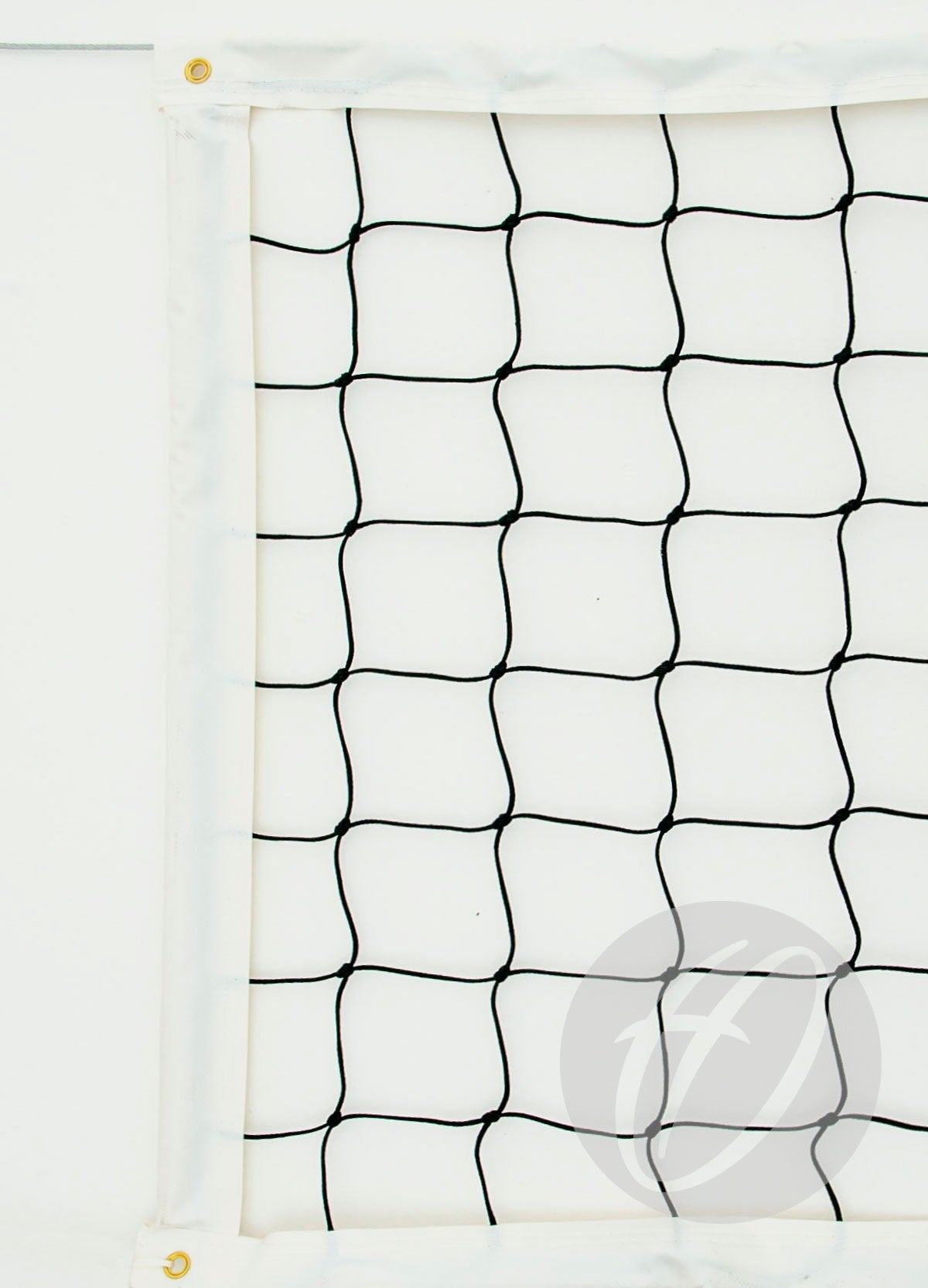 Close-up of the Harrod Sport No. 30 Regulation Volleyball Net, made from 3mm braided polyethylene with white fabric trim and gold grommets, set against a plain white background.