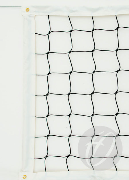 Close-up of the Harrod Sport No. 30 Regulation Volleyball Net, made from 3mm braided polyethylene with white fabric trim and gold grommets, set against a plain white background.