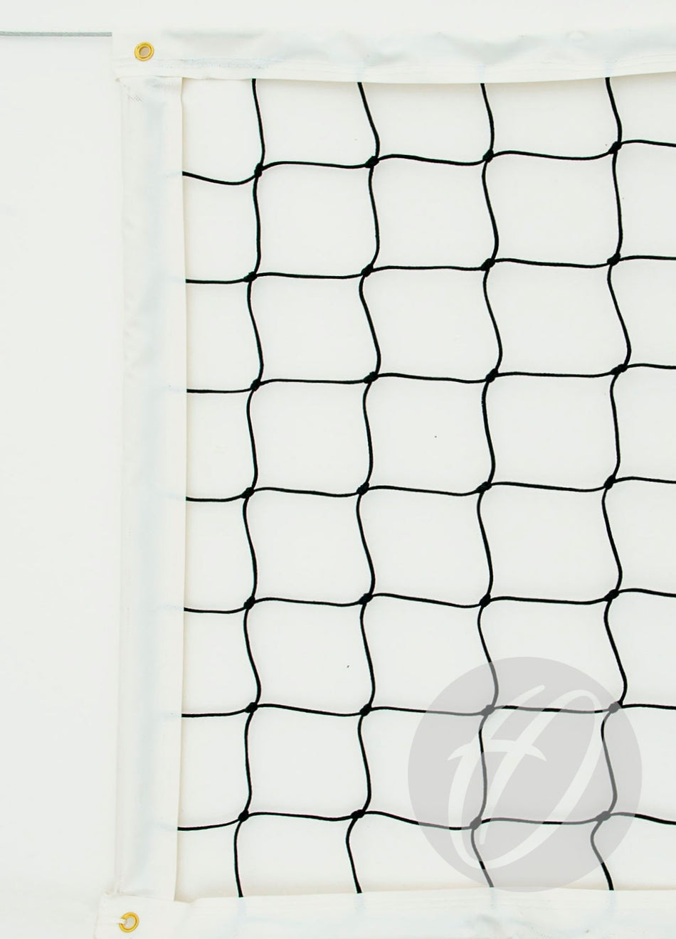 Close-up of the Harrod Sport No. 30 Regulation Volleyball Net, made from 3mm braided polyethylene with white fabric trim and gold grommets, set against a plain white background.