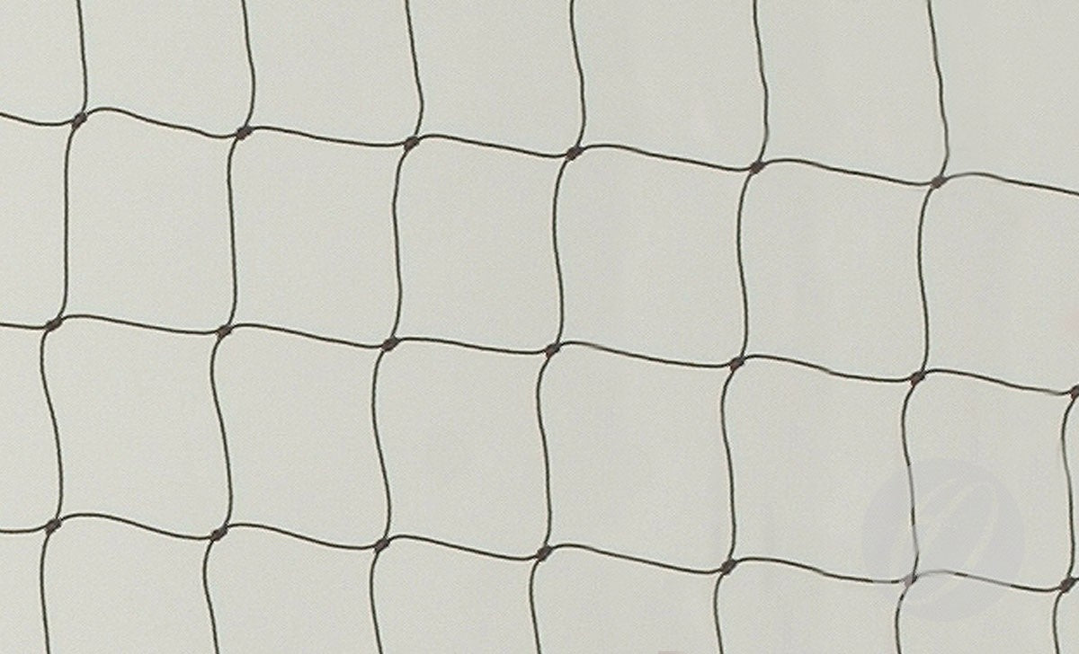 A close-up of the No. 25 Match Volleyball Net by Harrod Sport shows its black polyethylene mesh with square holes and a grid pattern of thin, intersecting lines, set against a plain light background.