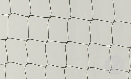 A close-up of the No. 25 Match Volleyball Net by Harrod Sport shows its black polyethylene mesh with square holes and a grid pattern of thin, intersecting lines, set against a plain light background.