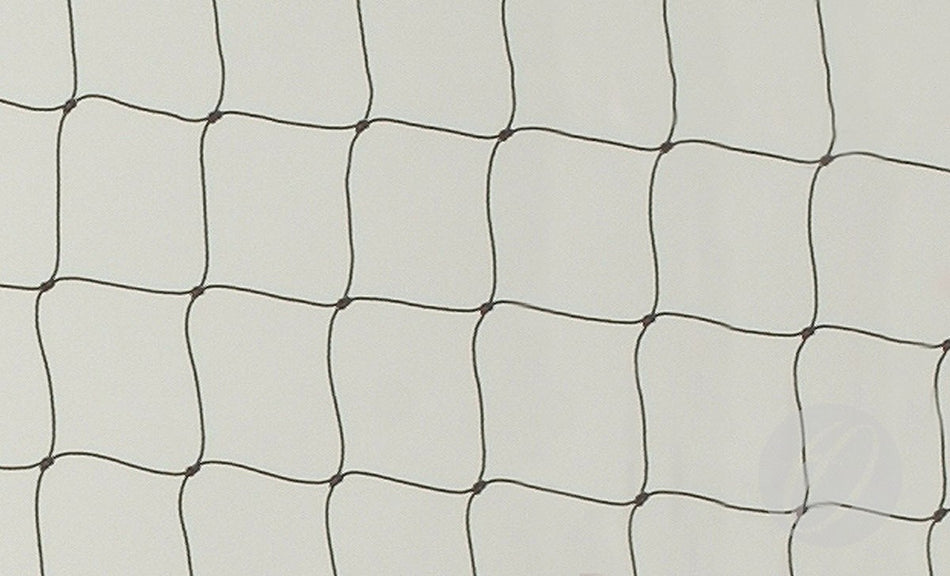 A close-up of the No. 25 Match Volleyball Net by Harrod Sport shows its black polyethylene mesh with square holes and a grid pattern of thin, intersecting lines, set against a plain light background.