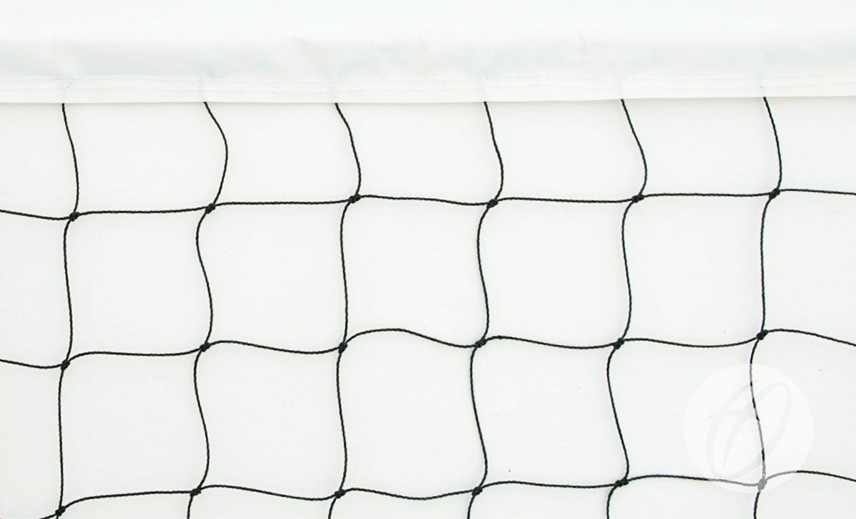 Close-up of the Harrod Sport No. 1 Practice Volleyball Net shows black polyethylene mesh with square patterns, a white top band, and detailed stitching, all set against a white background.