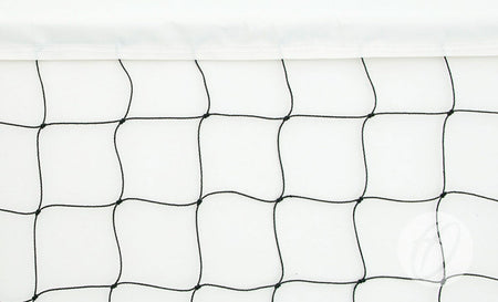Close-up of the Harrod Sport No. 1 Practice Volleyball Net shows black polyethylene mesh with square patterns, a white top band, and detailed stitching, all set against a white background.