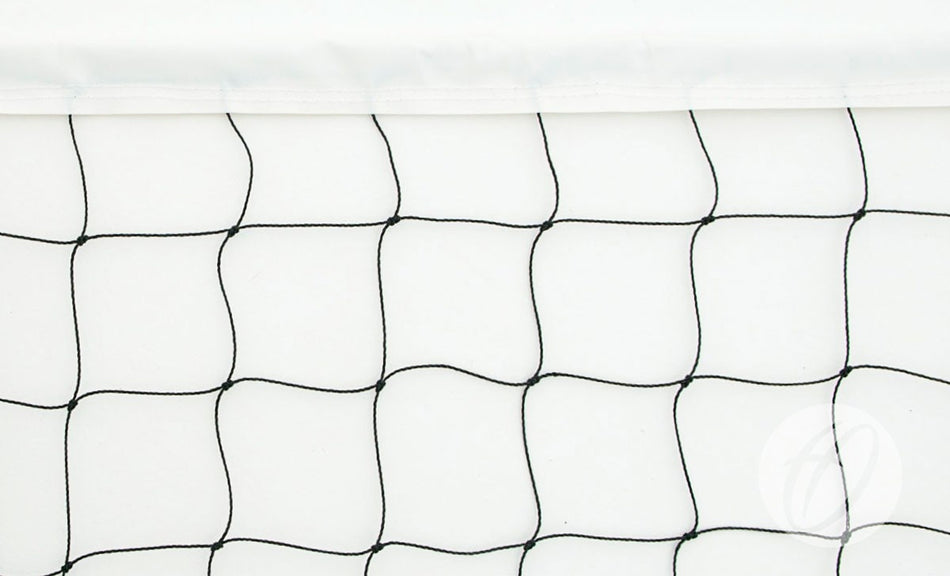 Close-up of the Harrod Sport No. 1 Practice Volleyball Net shows black polyethylene mesh with square patterns, a white top band, and detailed stitching, all set against a white background.
