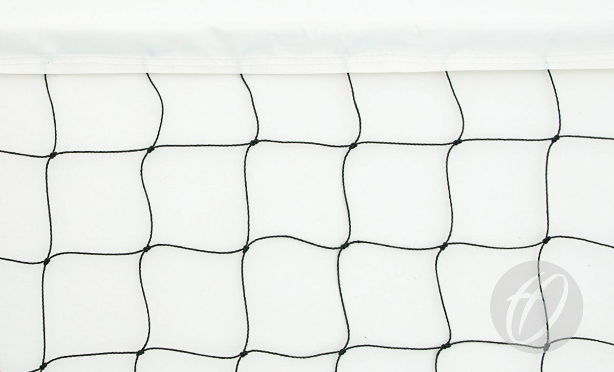 Close-up of the Harrod Sport No. 2 Practice Volleyball Net, showing its square polyethylene mesh and a white top band against a white background. A subtle circular logo with stylized letters appears in the bottom right corner.