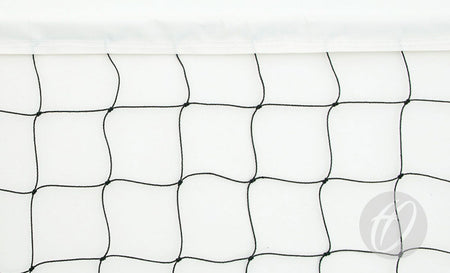 Close-up of the Harrod Sport No. 2 Practice Volleyball Net, showing its square polyethylene mesh and a white top band against a white background. A subtle circular logo with stylized letters appears in the bottom right corner.