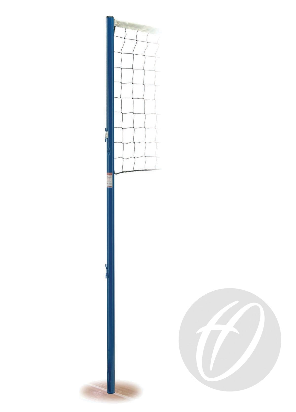 A Harrod Sport VB5 Socketed Volleyball Post in blue stands upright on a white background with a section of black net attached. Designed for secure installation with ground sockets, the post also features a light gray watermark with a stylized "h" in the bottom right corner.
