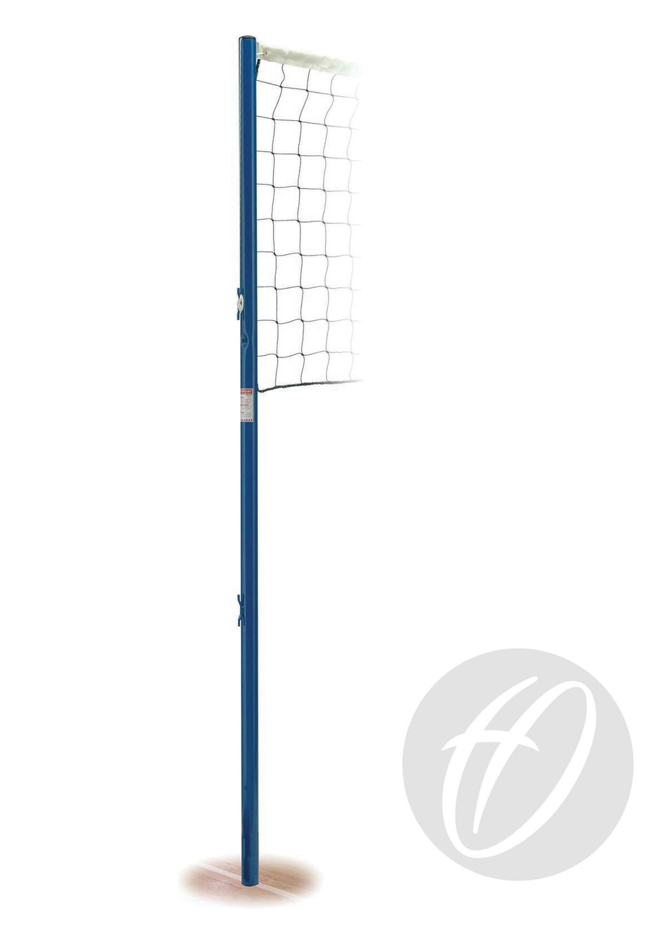 A Harrod Sport VB5 Socketed Volleyball Post in blue stands upright on a white background with a section of black net attached. Designed for secure installation with ground sockets, the post also features a light gray watermark with a stylized "h" in the bottom right corner.