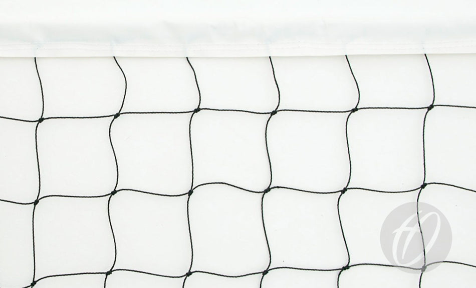 Close-up of the Harrod Sport No. 2 Practice Volleyball Net - Per M, made from durable black polyethylene mesh with a reinforced nylon headband along the top edge, shown against a white background.