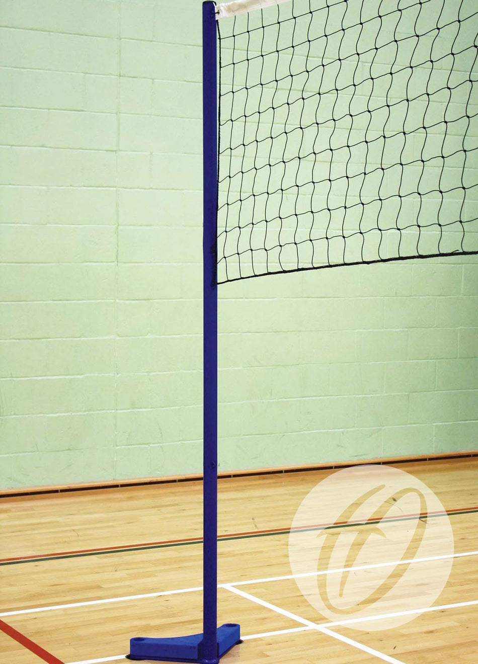A Harrod Sport Floor Fixed Volleyball Set with 50MM Club Posts is installed in an indoor gym on a wooden floor, featuring light green brick walls and visible red and white court lines.
